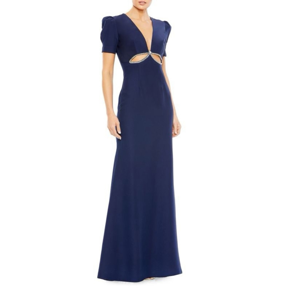 Ieena for Mac Duggal Plunge Neck Puff Sleeve Cut Out Gown 0 Evening Gown Navy